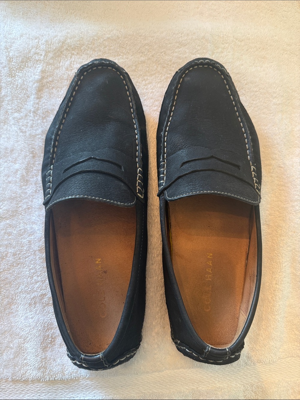 Cole Haan Black Leather Penny Loafers with Contrast Stitching